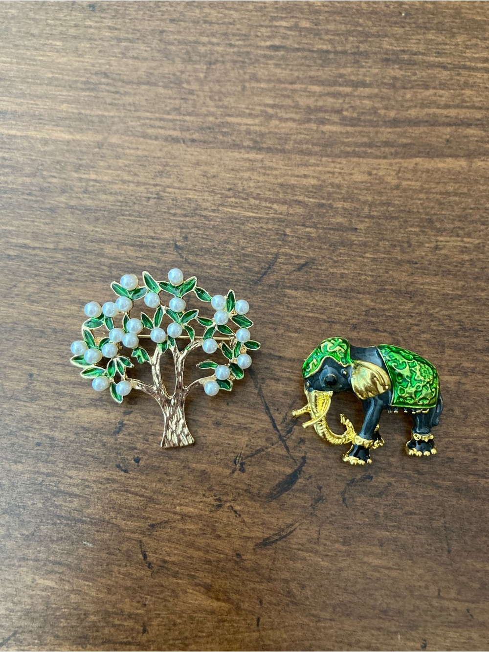 Green Enamel & pearl Tree and Elephant Brooch Set - Elegant Women’s Jewelry
